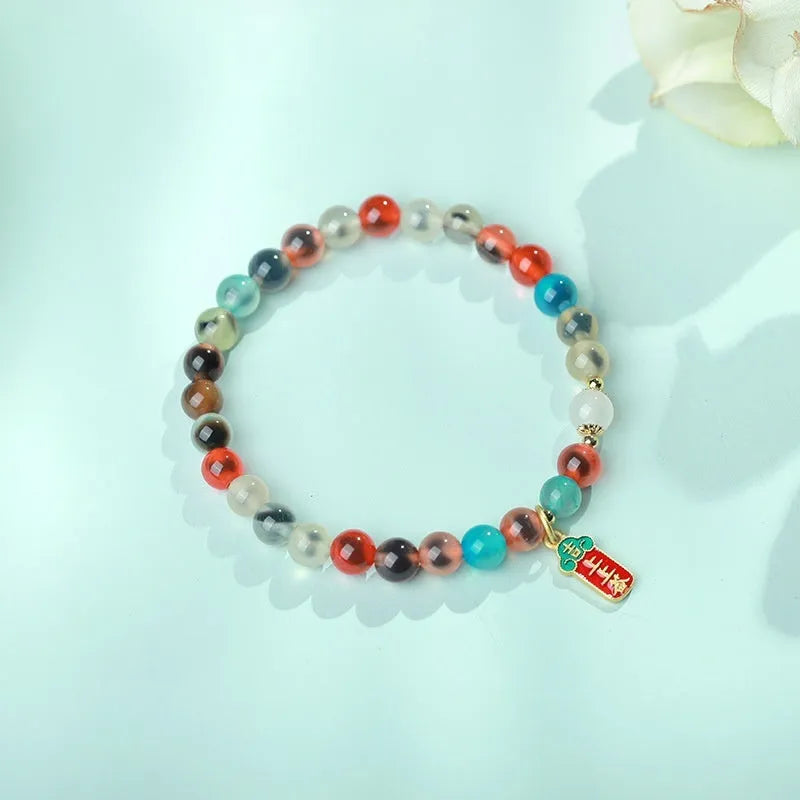 Natural colourful sugar heart agate and copper coin coloured glaze snake bracelet for women with traditional Chinese patterns