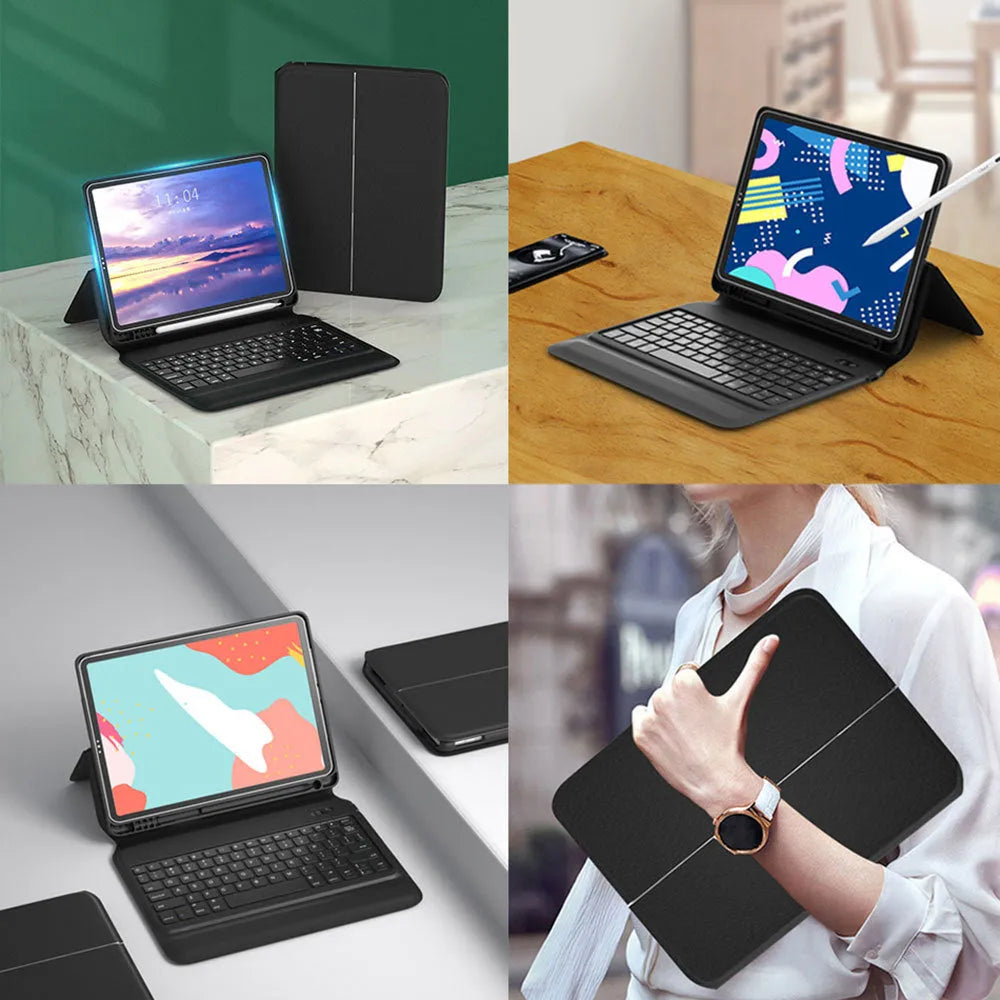 Ultra-thin wireless Bluetooth keyboard leather case for iPad in black flip-style design with integrated keys