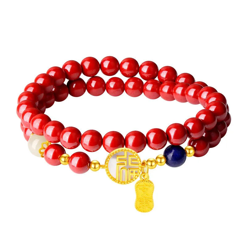 S925 Sterling Silver women's bracelet with white shell and cinnabar blessing card charms, 6mm width