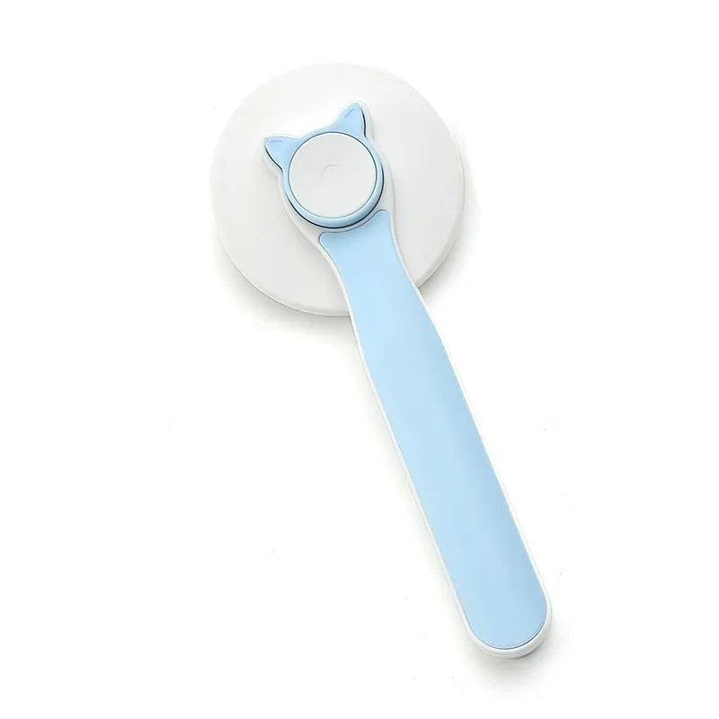 Self-cleaning slicker brush for pet grooming with ergonomic rubber handle in blue, grey, or pink