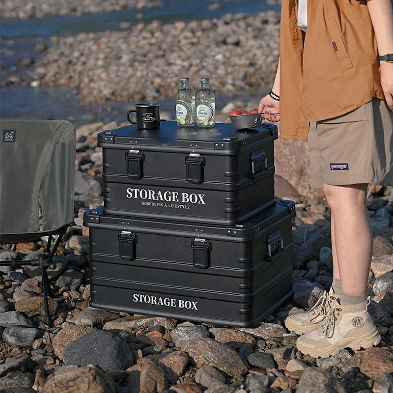 Waterproof vehicle-mounted storage box in army green, black and grey sand green colours showing medium and large sizes