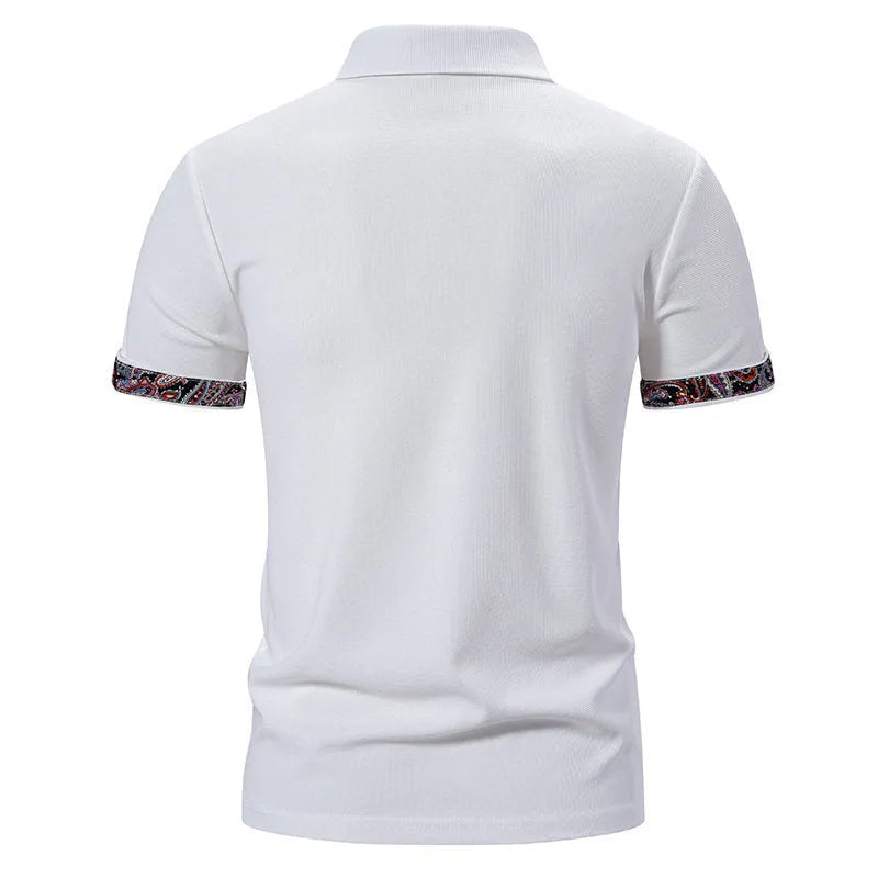 Men's polo shirt with colour contrast stitching and turnover collar in white, black, or navy blue
