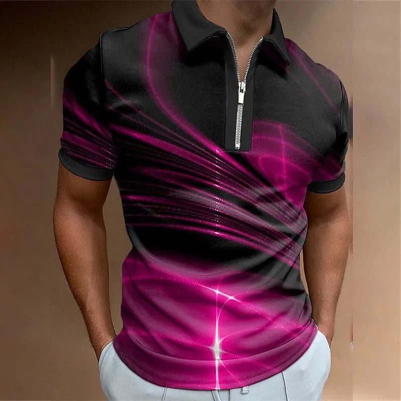 Men's blue loose fit short sleeve zipper polo shirt made from bird eye cloth.