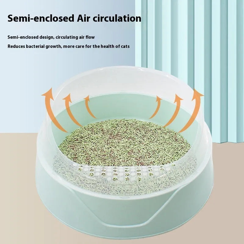 Round mint green cat litter box made from PP plastic with deodorant feature, shown next to a pink version.
