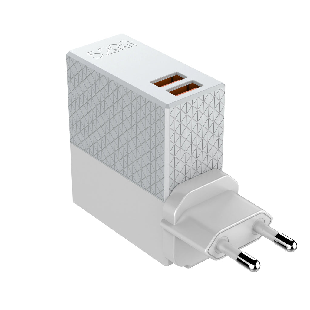 White two-in-one power bank charger with folding plug, showing compact cylindrical design.