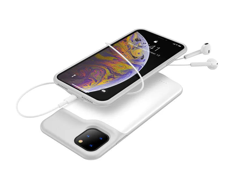 Shockproof silicone iPhone battery charger case in black, blue, pink or white colours with extended battery capacity