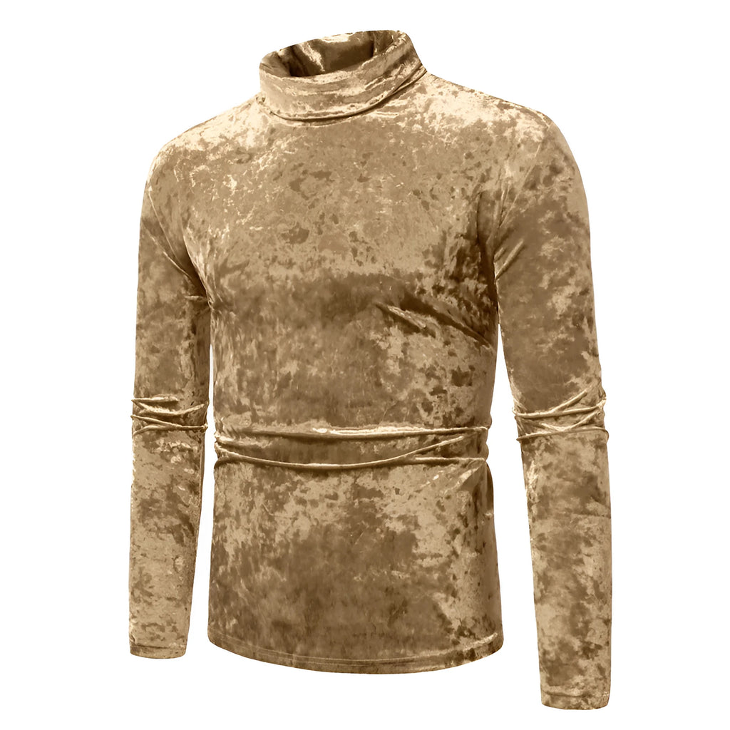 Men's velvet high-neck long-sleeve undershirt in solid colour slim-fit polyester pullover
