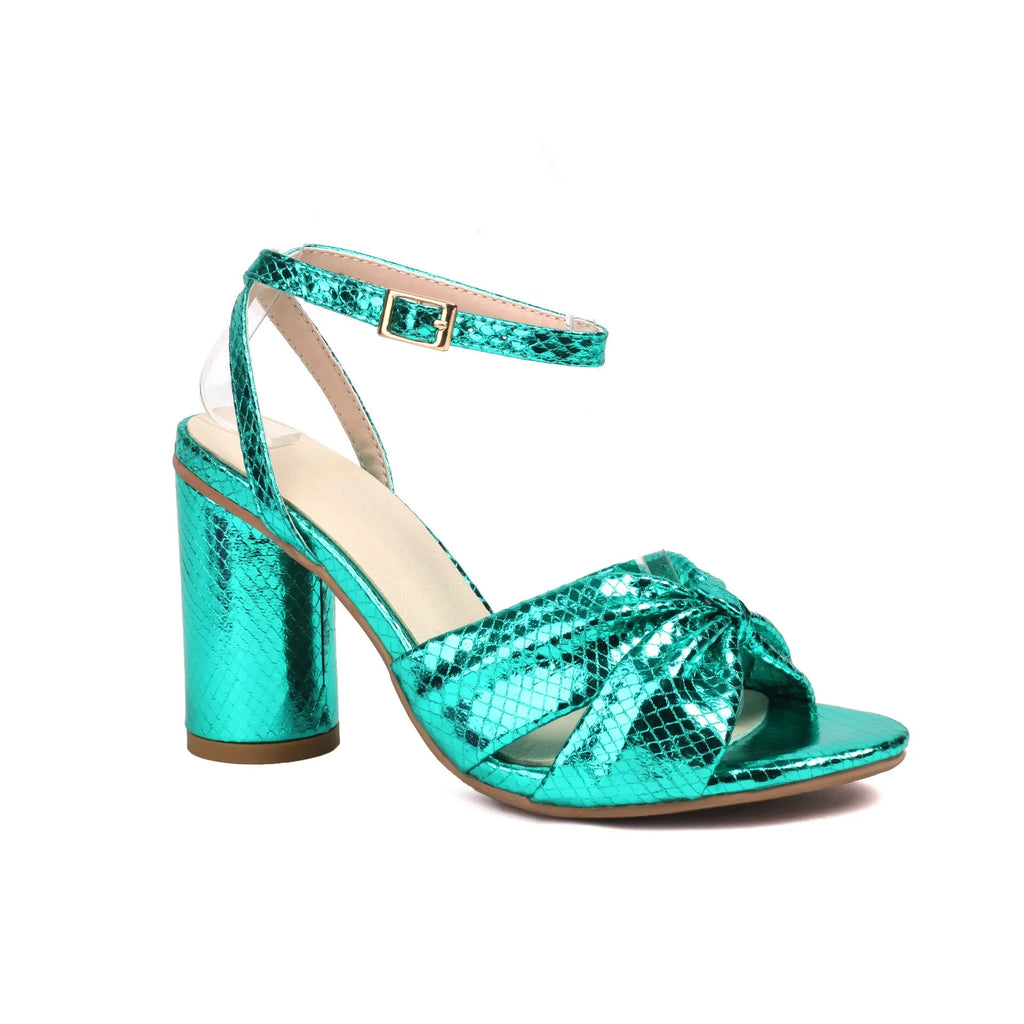 Plus size women's high heel peep toe sandals with an ankle buckle strap in gold, silver, red, or green