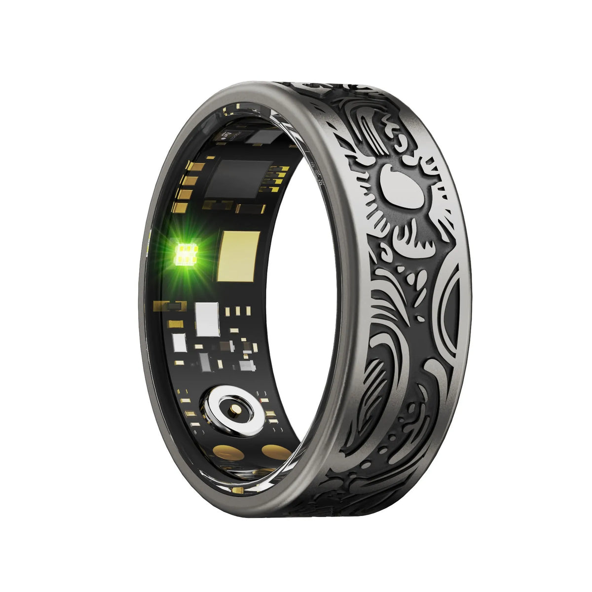Retro black smart ring with stainless steel finish for heart rate and blood pressure monitoring