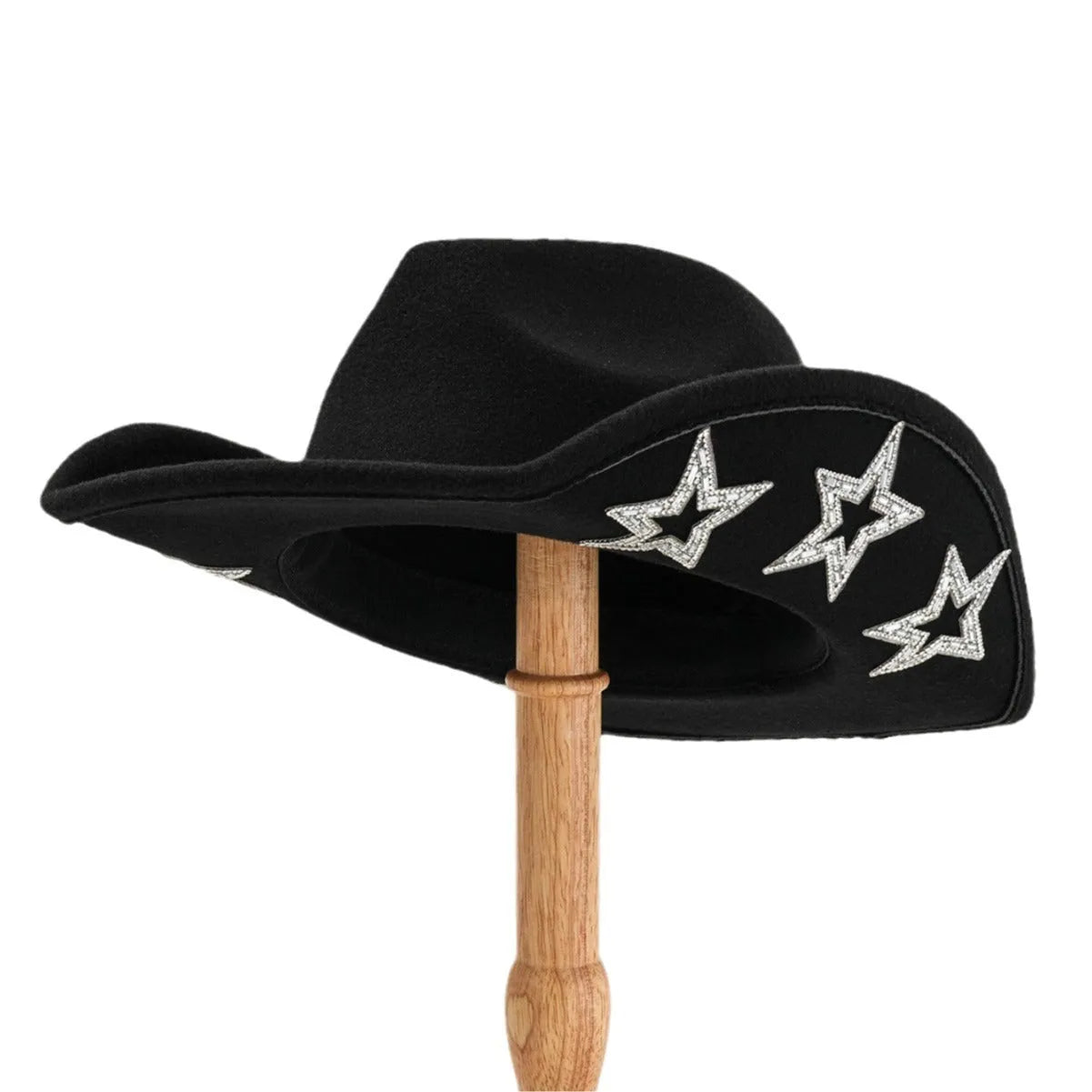 Beige polyester Western-style top hat with a conical crown and a silver hexagonal star decoration on the front.