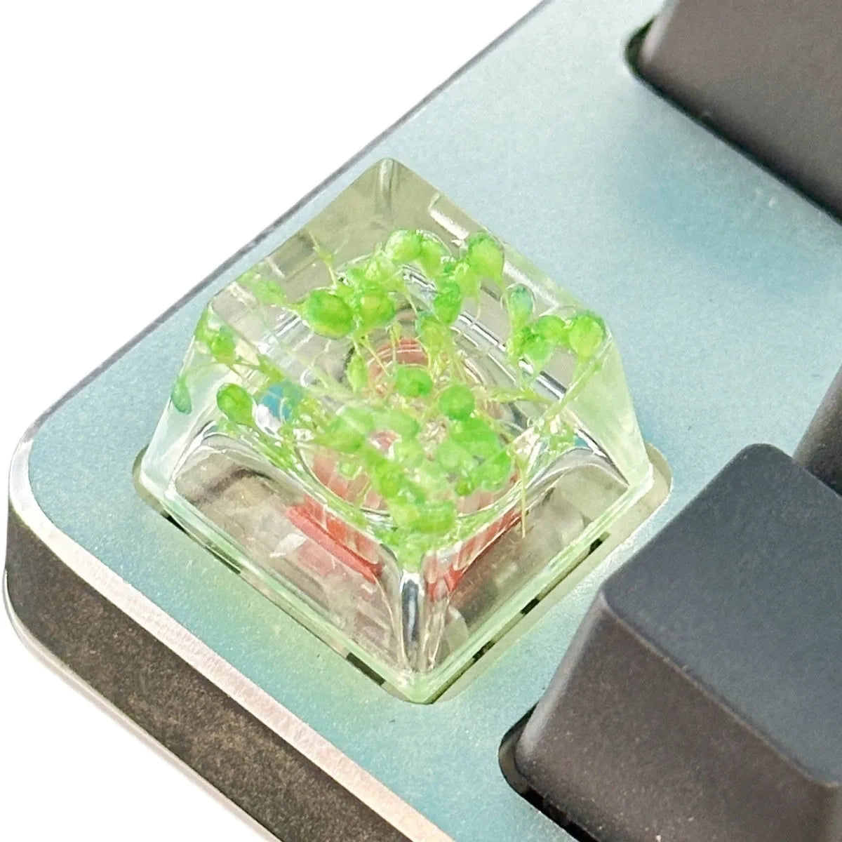 Transparent resin mechanical keyboard keycap with starry sky pattern in red, pink, green, and violet colour options