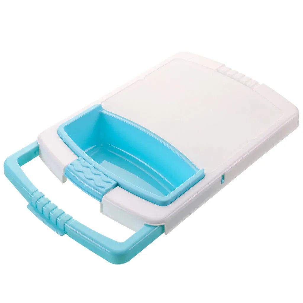 Green multi-function kitchen cutting board with integrated draining basket mounted on sink