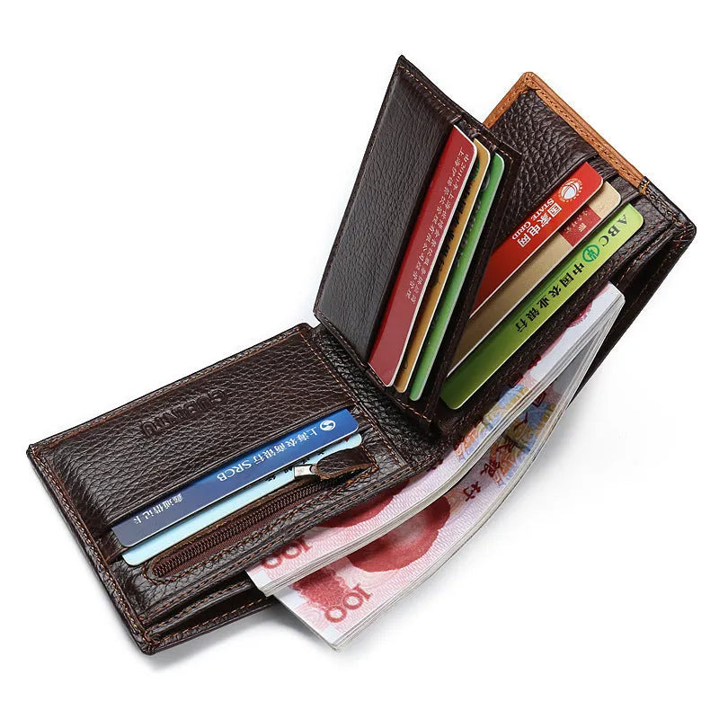 Korean-style cowhide leather wallet with car stitching showing bill holder, card slots, and zipper compartment