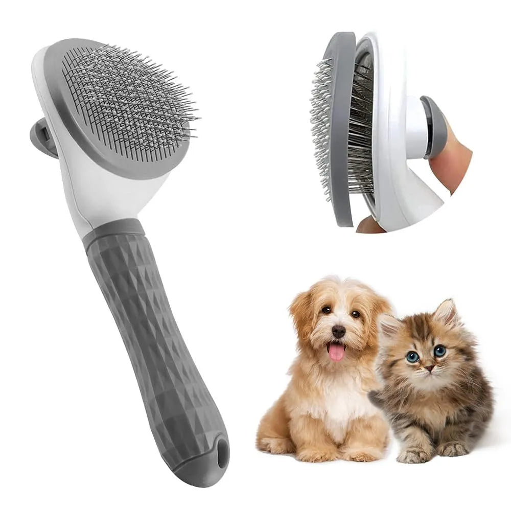 Cat grooming brush with release button in blue, grey and pink colour options