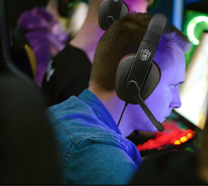 Black wired gaming computer headset with 1.2 metre cable and 6.3mm plug