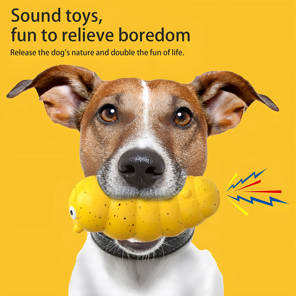 Green and yellow teething dog toy with weird barking bug sound for small dogs