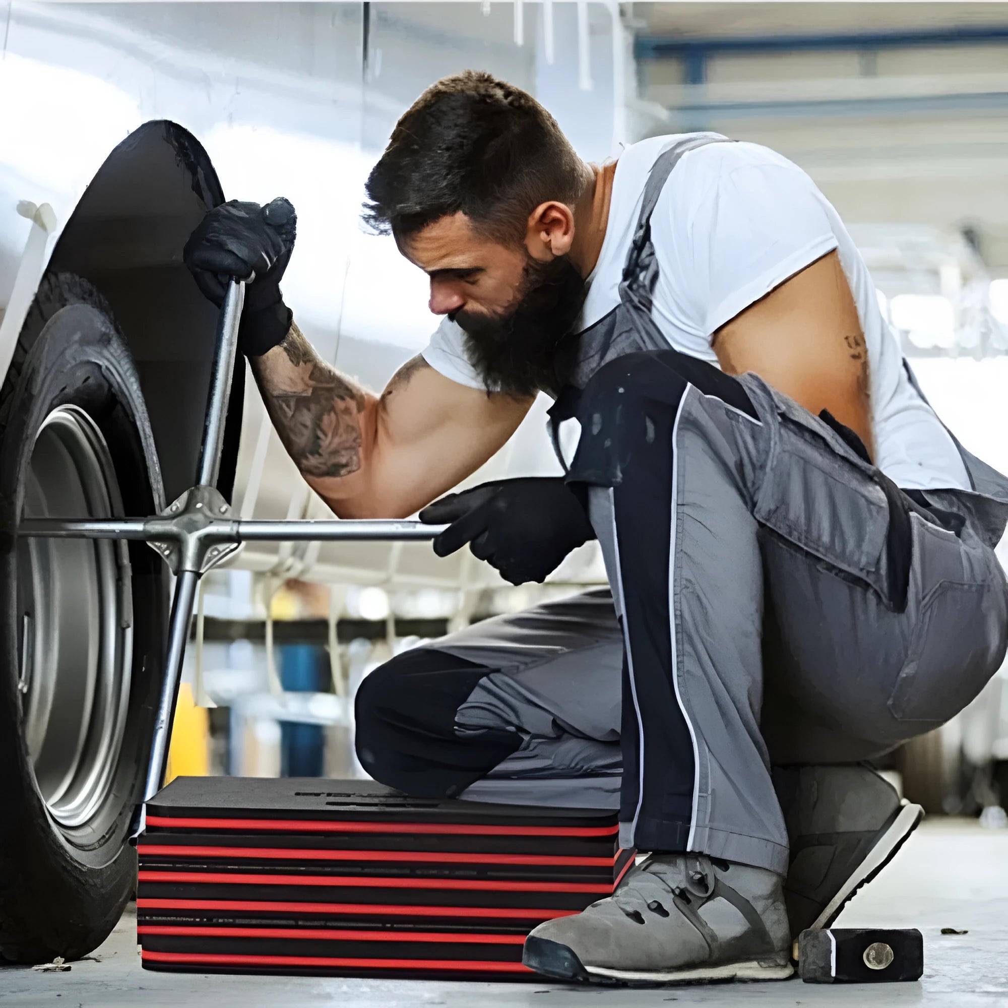 Grey EVA foam folding kneeling mat for car repair and maintenance tasks.