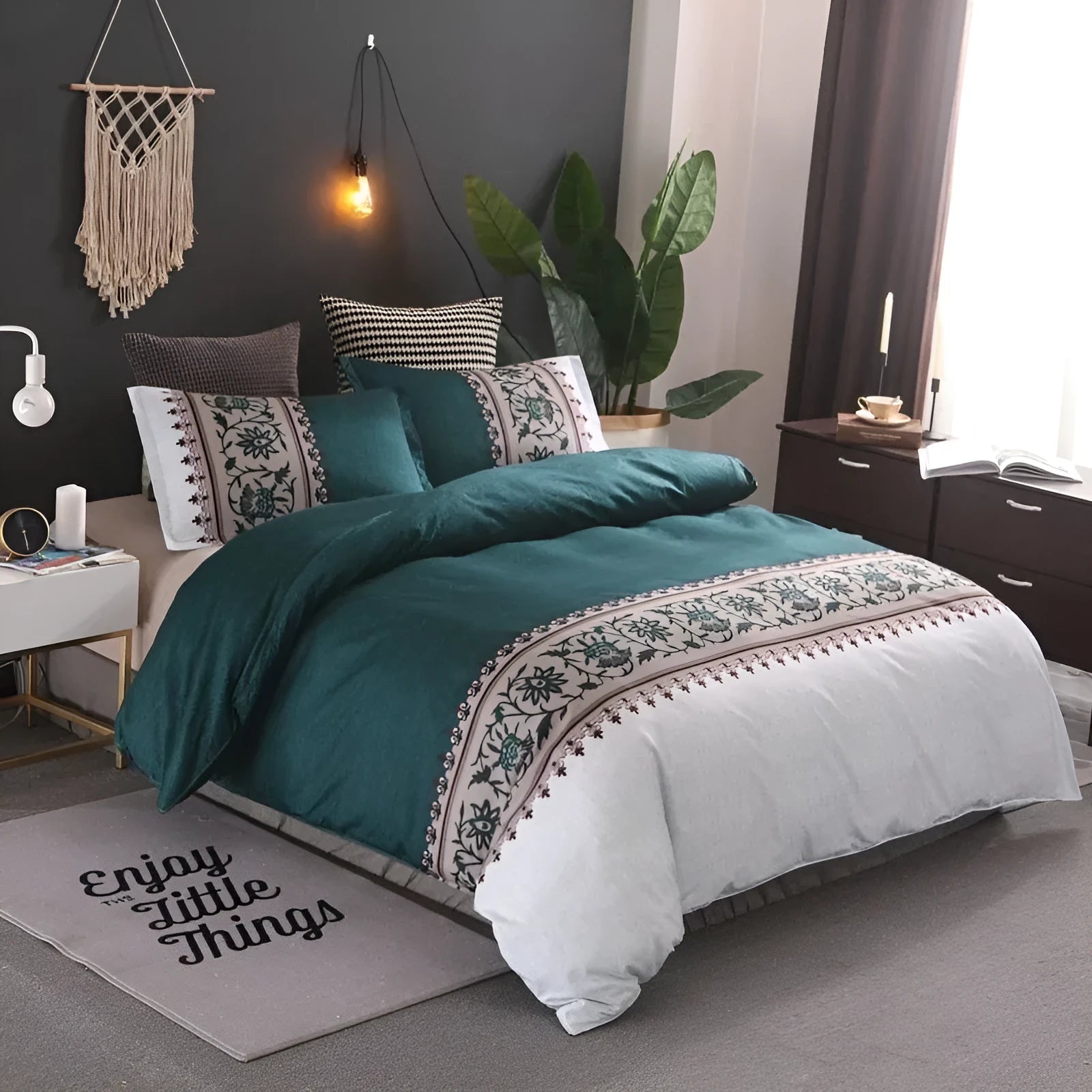 Plain weave polyester duvet cover set in solid colour or floral pattern on a bed