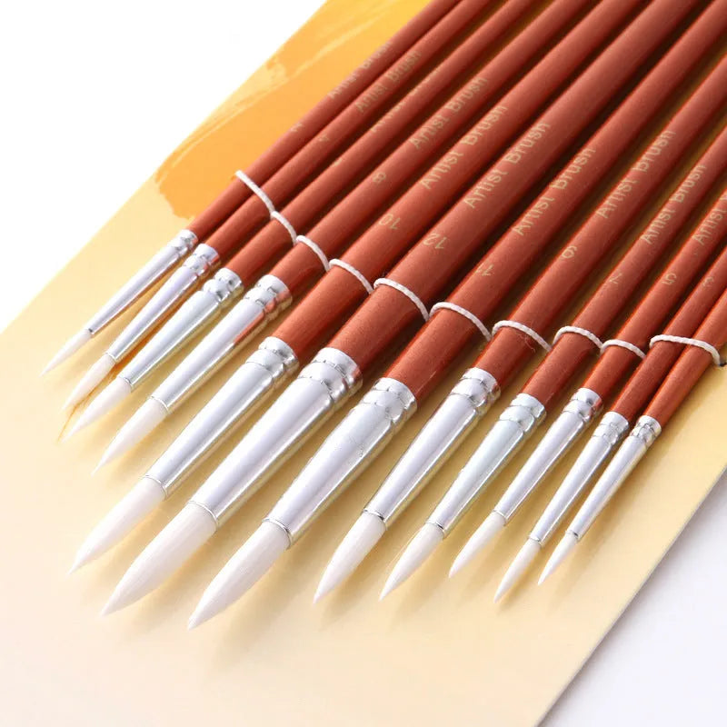 12 piece round nylon hair paint brush set with wooden handles for art school watercolour and acrylic painting