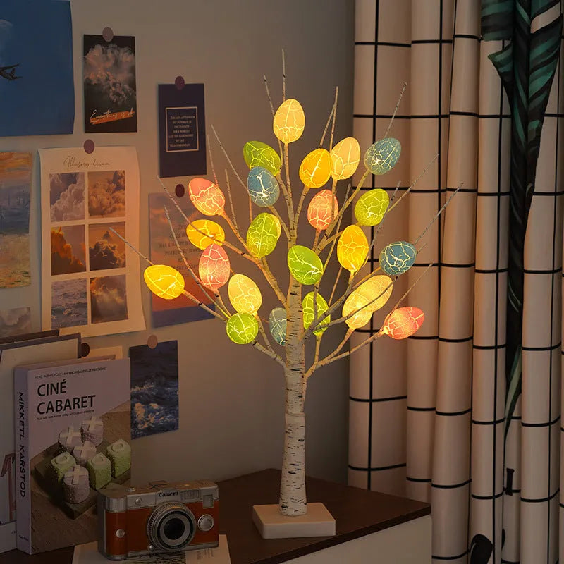 60cm white LED birch tree with black trunk details and warm white cracked egg ornaments on adjustable branches