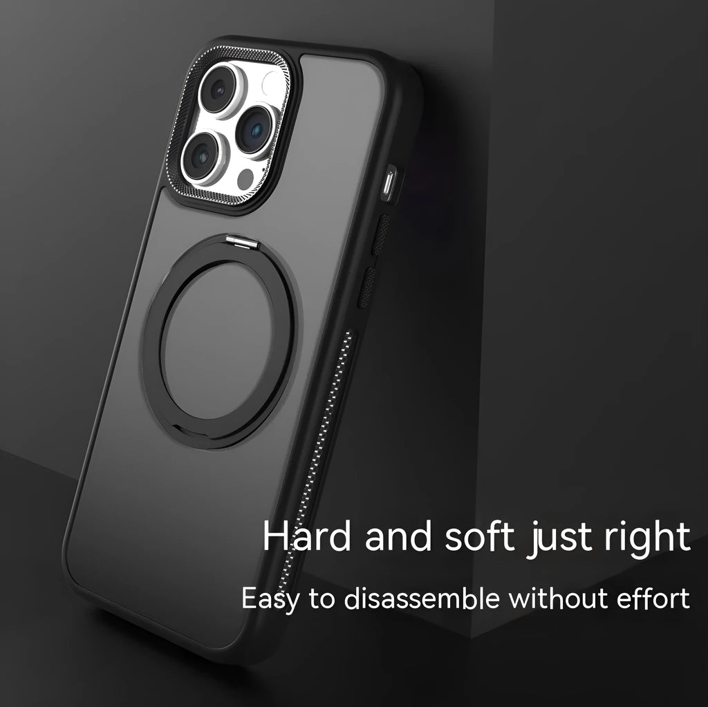 Frosted silicone iPhone case with a rotating stand extended and a magnetic ring on the back.