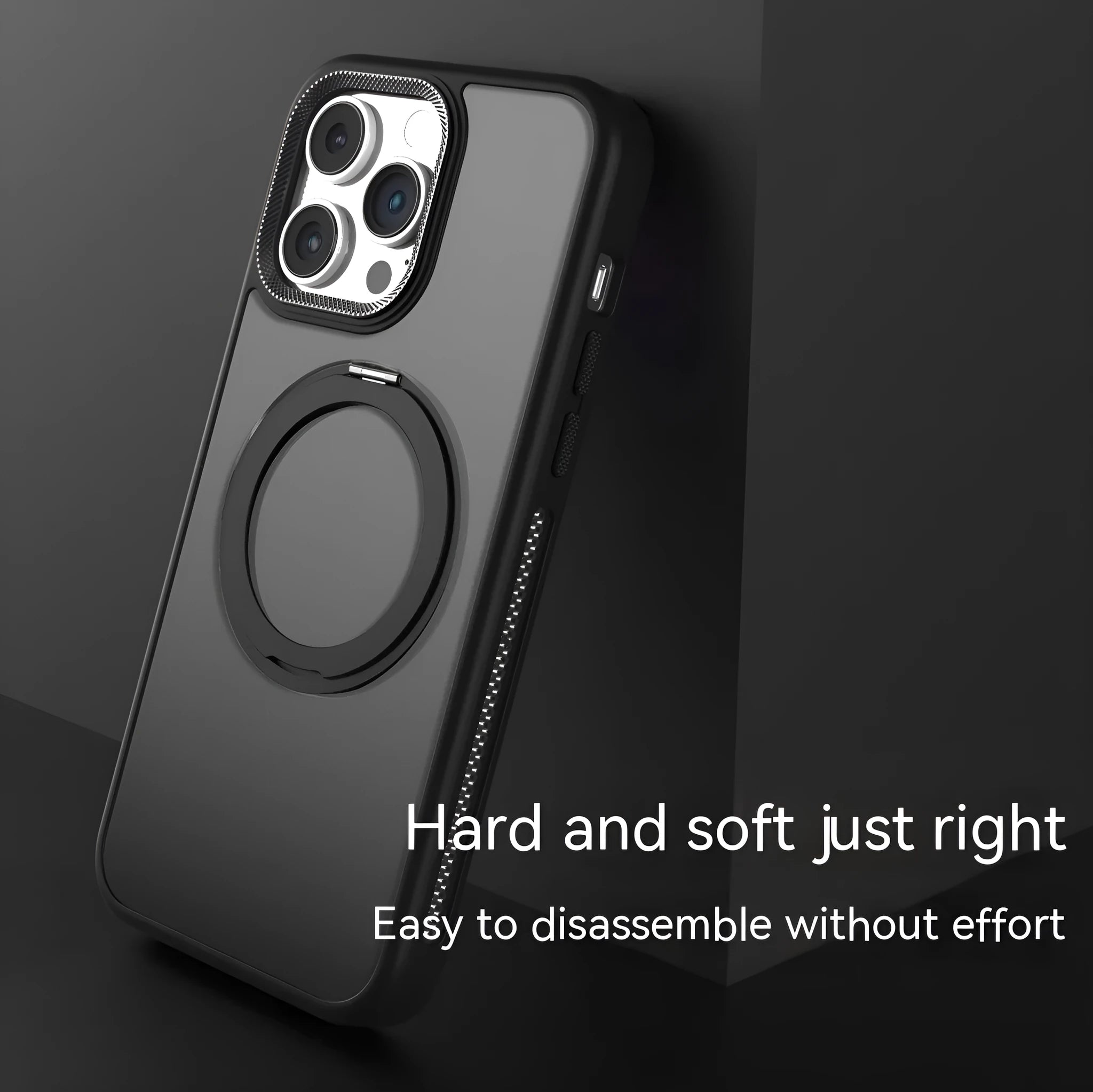 Frosted silicone iPhone case with a rotating stand extended and a magnetic ring on the back.