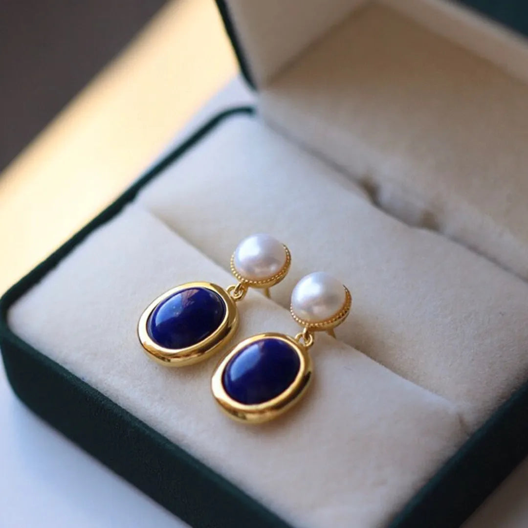 925 silver lapis lazuli pearl stud earrings with auspicious patterns