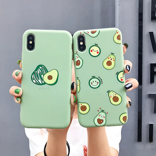 A green cartoon avocado design on a flexible TPU phone case for iPhone and Android models.