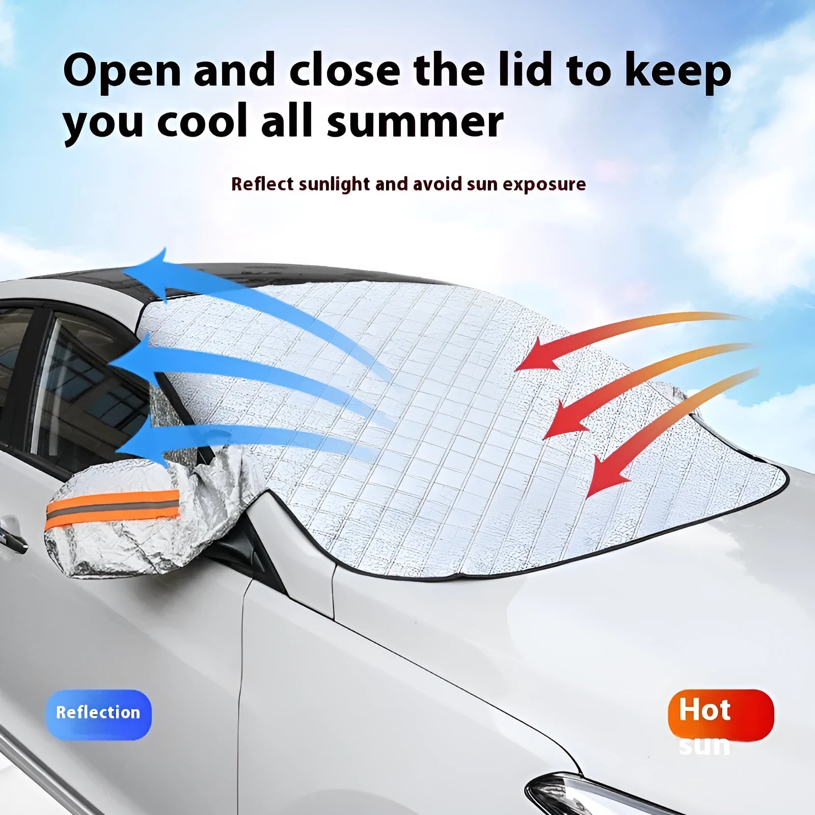 Winter car windshield cover for SUVs with aluminium foil construction and magnetic fasteners