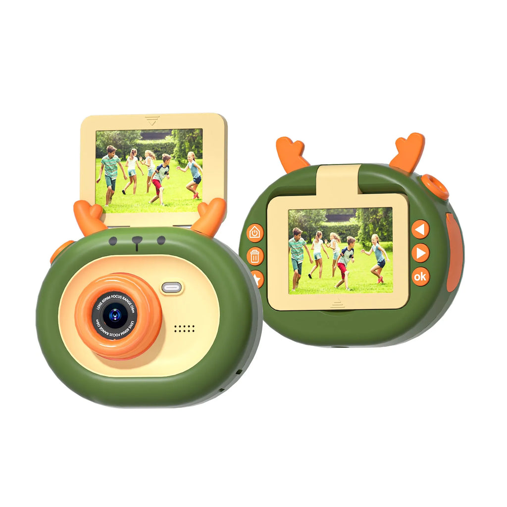 Purple and dark green children's digital camera with flip screen, silicone case, and USB cable
