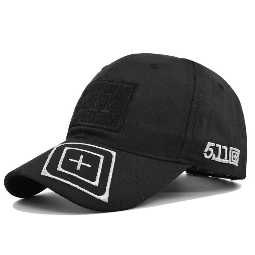 Cotton baseball cap with wide brim and adjustable back, displayed on a neutral background