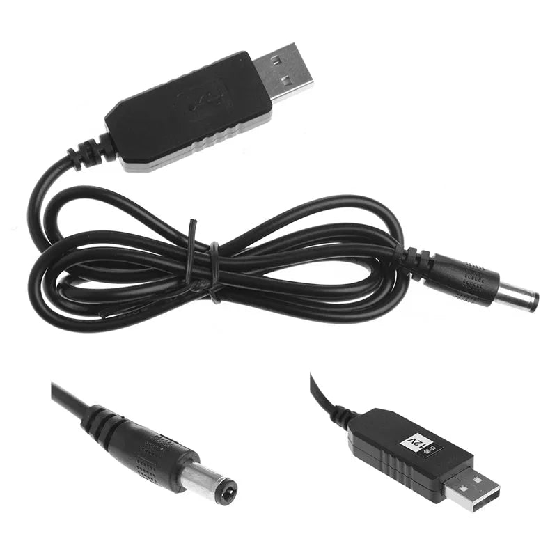 Black USB to 12V step-up converter cable with 2.1x5.5mm plug and USB A male connector, 1 metre length on white background