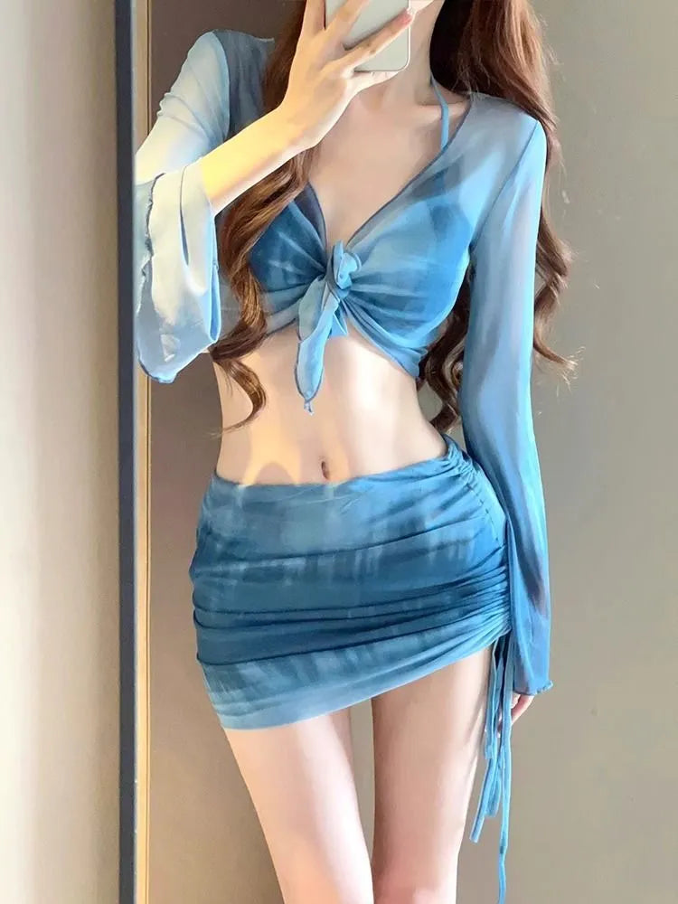 Women's blue high-waist bikini four-piece swimsuit set with shirt and skirt