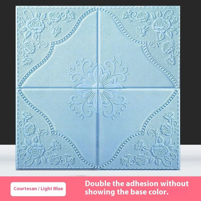 Square light blue plants and flowers pattern foam wall sticker with three-dimensional design, 70cm wide.