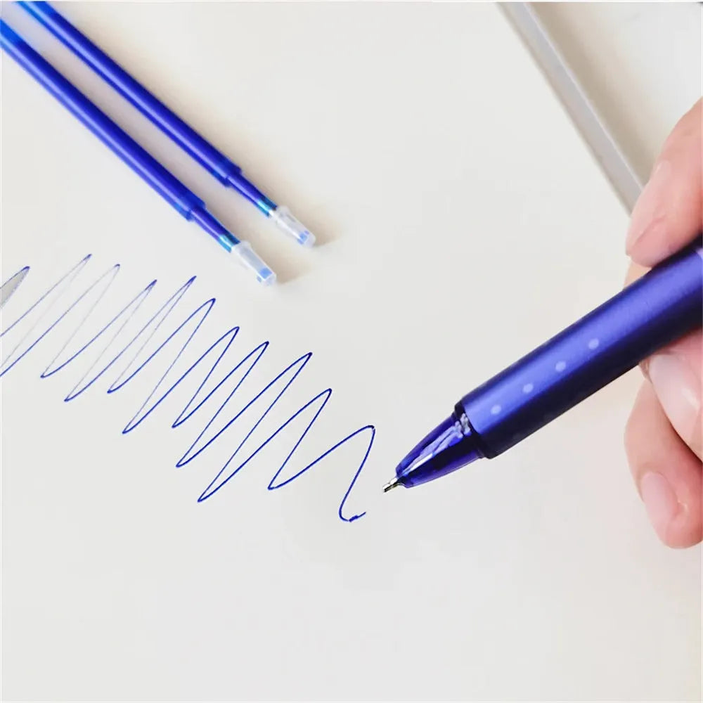 Blue and black erasable gel pen with 0.5mm stainless steel nib and plastic body for school use