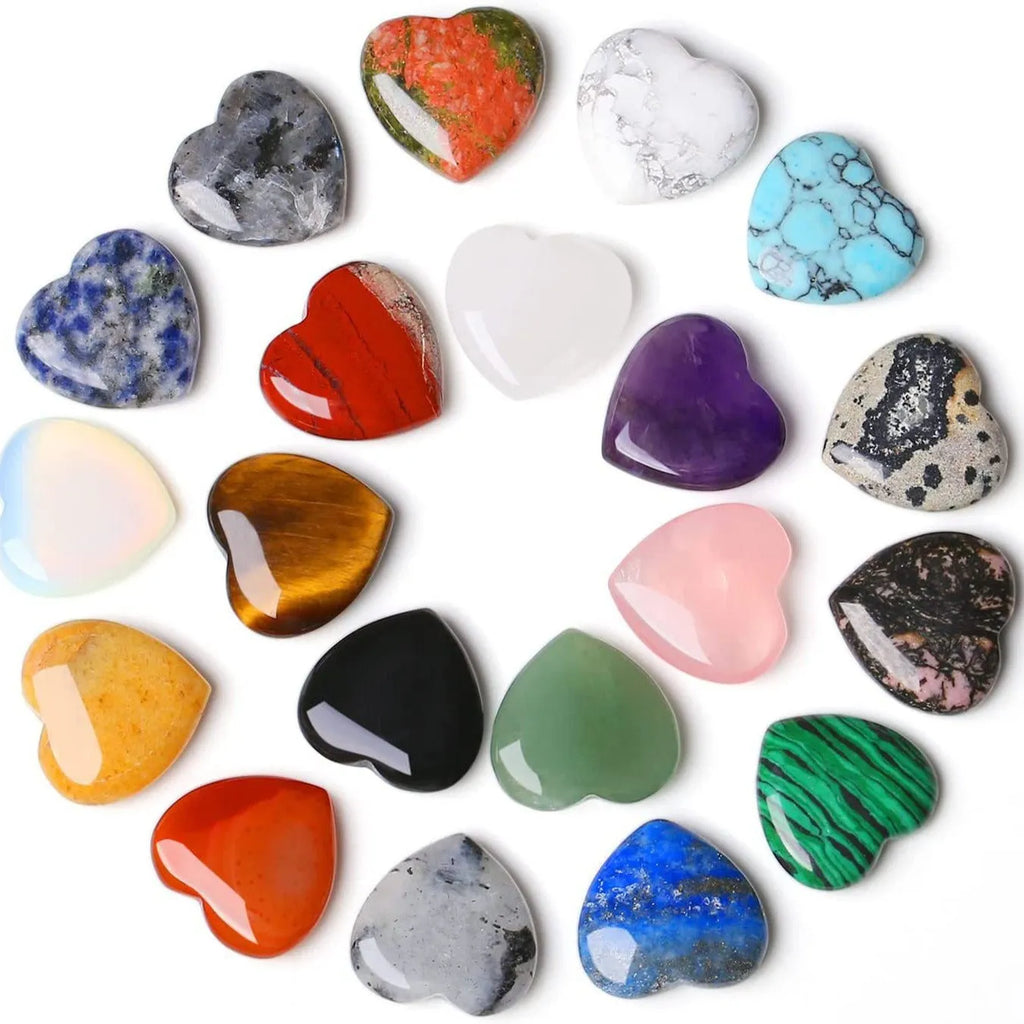 Set of natural crystal heart-shaped stone ornaments in random colours, 20x20x6mm each