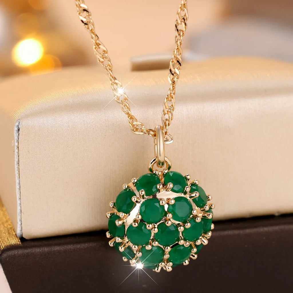 Round emerald full diamond pendant necklace on copper chain champagne gold colour geometric shape adjustable 51-60cm