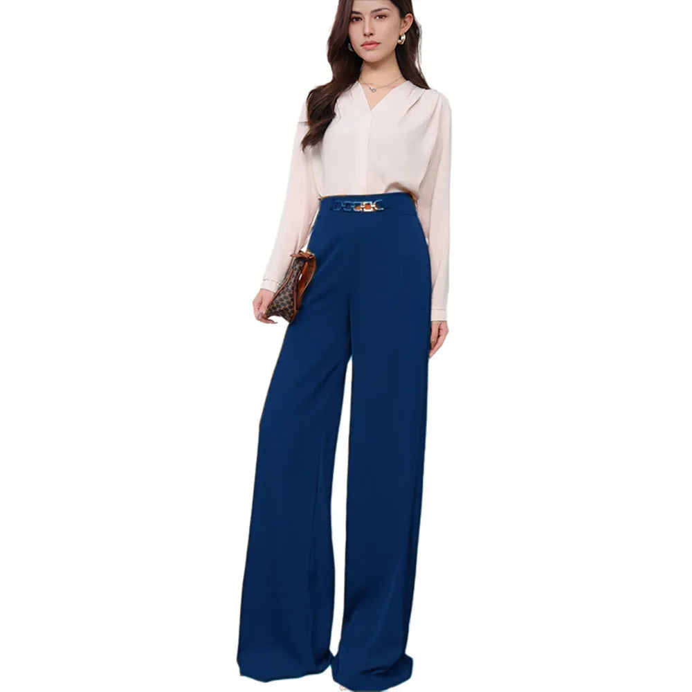 Solid colour draped wide leg pants for women, straight-leg polyester trousers with elastic waist, eight colour options