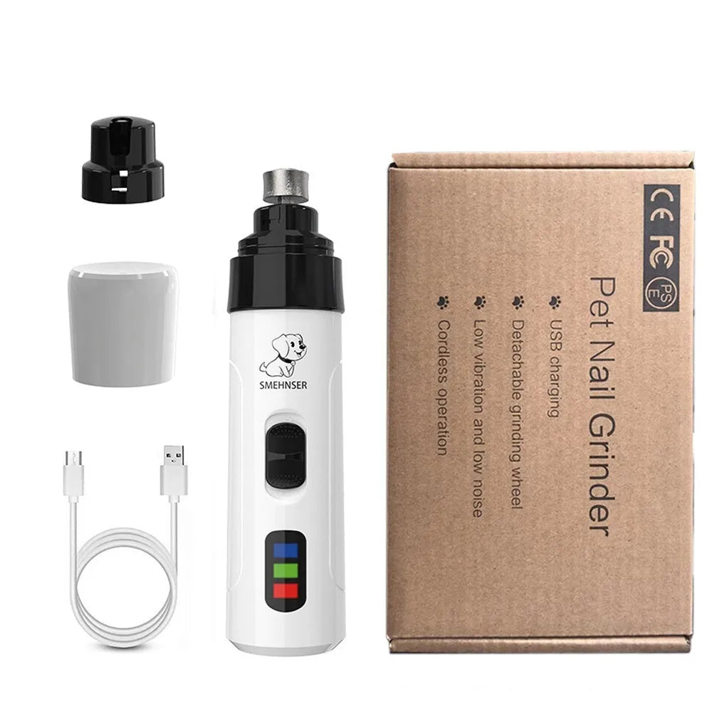 Electric dog nail grinder with automatic piercing head, LED display, and handheld design on a white background.