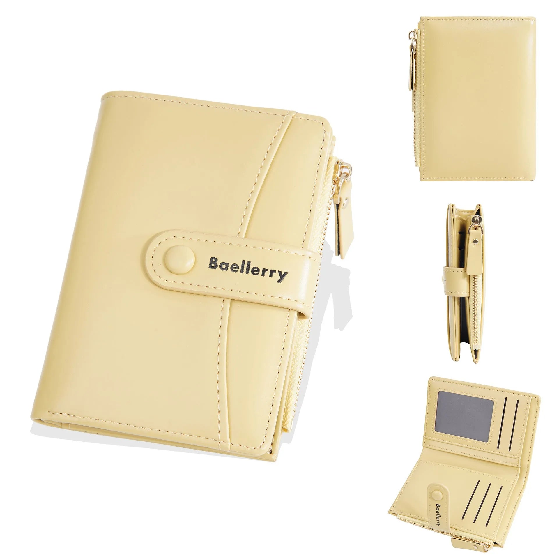 Women's short wallet in PU material showing waterproof, anti-theft features in six colour options