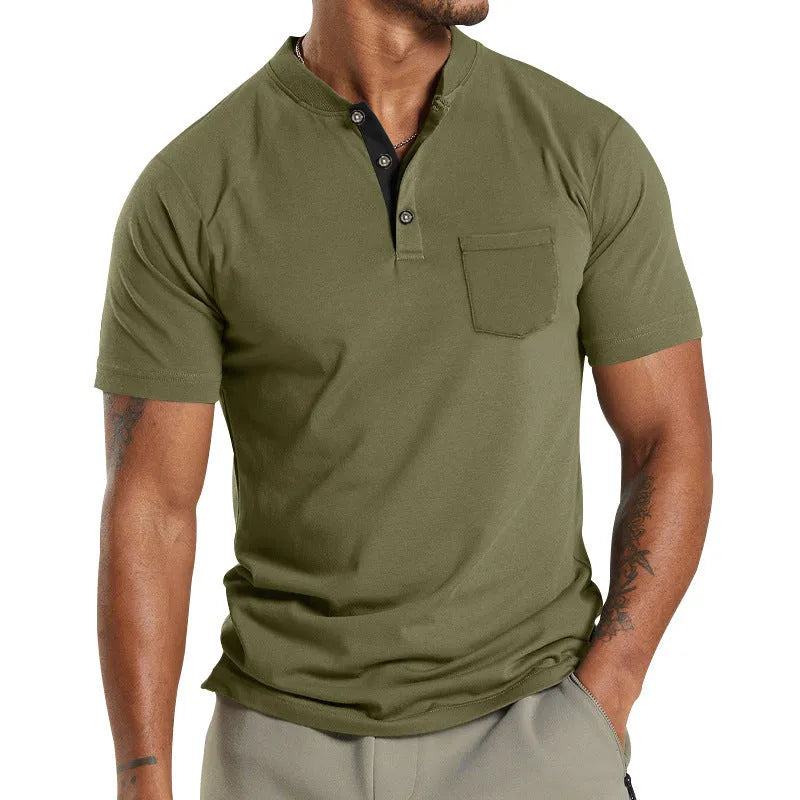 Men's plus size short sleeve button-down shirt in light khaki with a chest pocket.