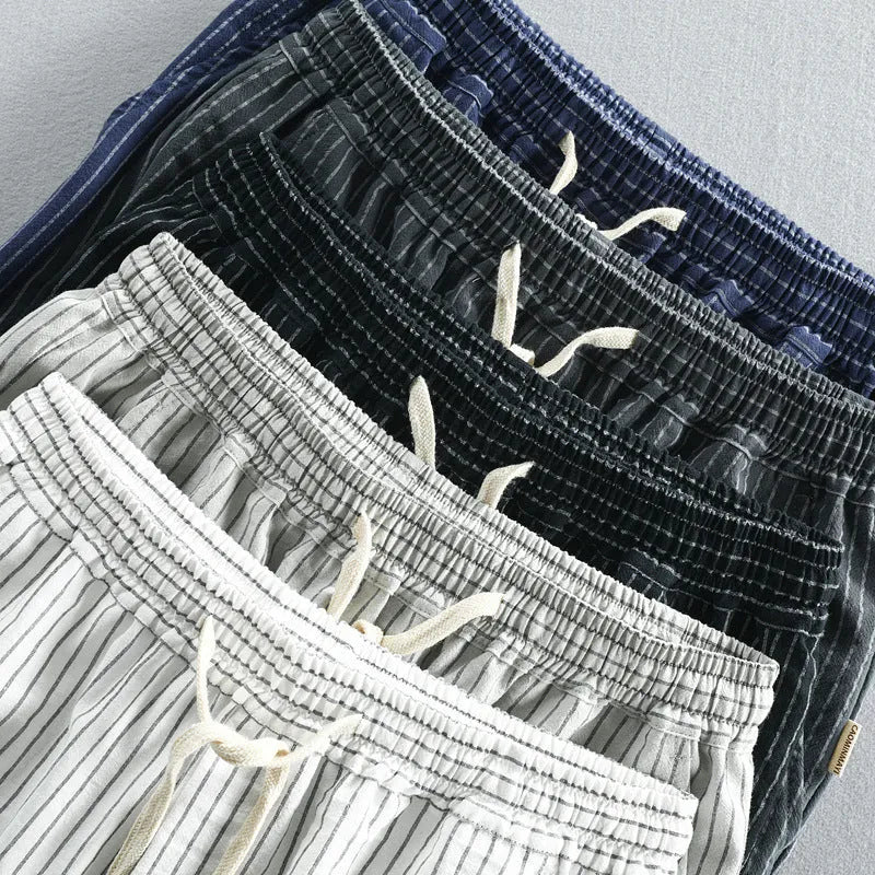 Men's striped cotton casual shorts with loose straight fit and micro elastic waist