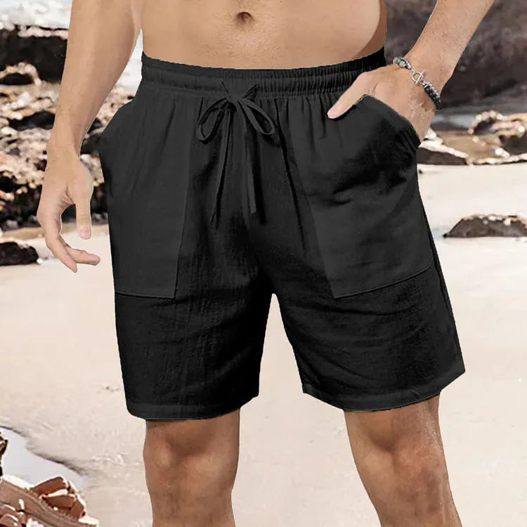 Men's light blue cotton linen straight-cut casual shorts on a hanger.