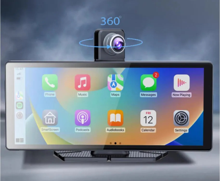 360° panoramic dash cam with 4MP touchscreen for front and rear dual recording in a car