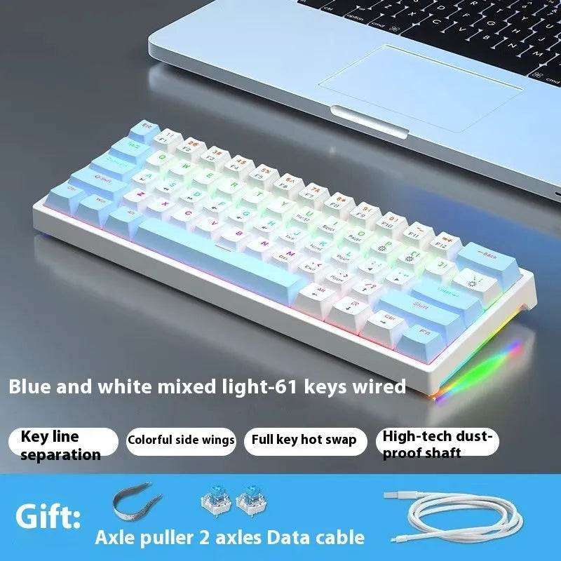61-key compact mechanical keyboard with hot-swappable switches and bluish-black black tea shaft