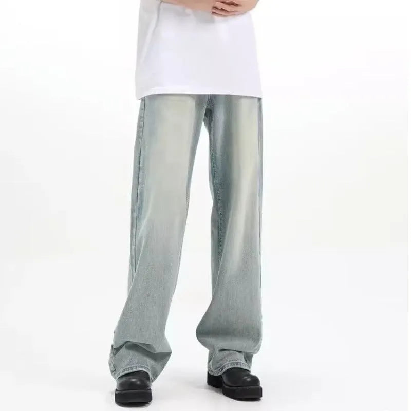 Blue retro casual trousers with elastic waistband and loose fit