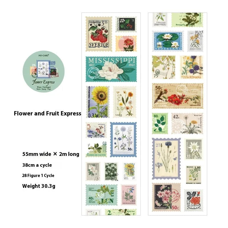 Coated paper stamp roll for retro journal decoration, 55mm wide, 2m long, four colour collections