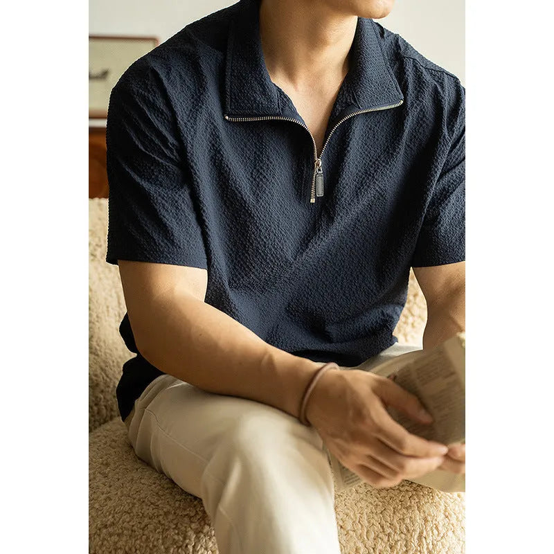 Men's cedar green loose-fit short sleeve polo shirt made from quick-drying ice silk fabric.