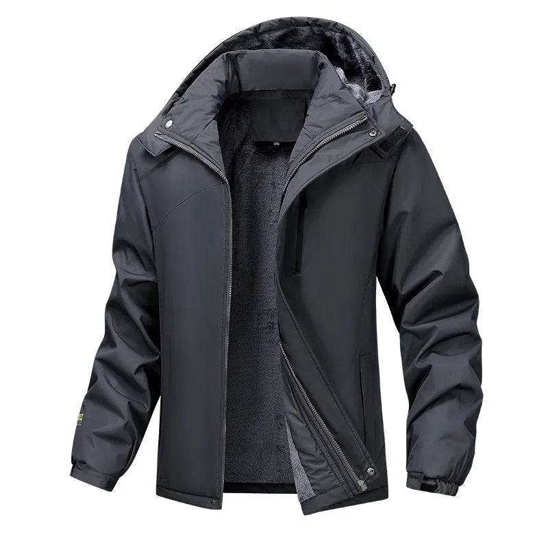 A man's loose-fit plus-size hooded coat in Army Green colour, made from waterproof polyester fabric.