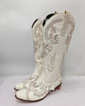 Women's embroidered rhinestone thick high heel high-top boots with side zipper, artificial PU upper, available in multiple colours